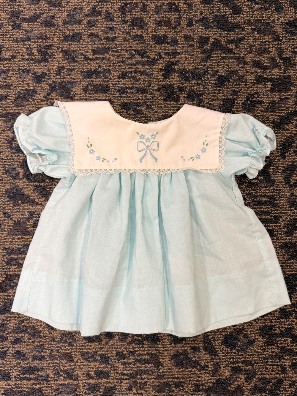 Vintage Light Blue Embroidered Bow Dress Baby Girl 0-3 Months Collared Lace 80s